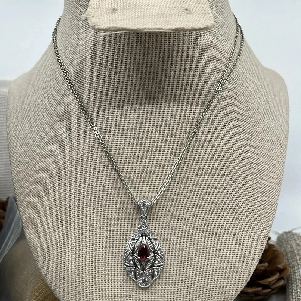 Vintage QVC Diamonique Garnet Necklace - Sterling Silver 925 - Picture 4 of 17